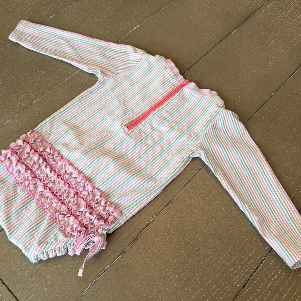 Ruffle Butts Girls’ Pink Pastel Seersucker Long-Sleeve Swimsuit • Size: 18-24M - Picture 8 of 10